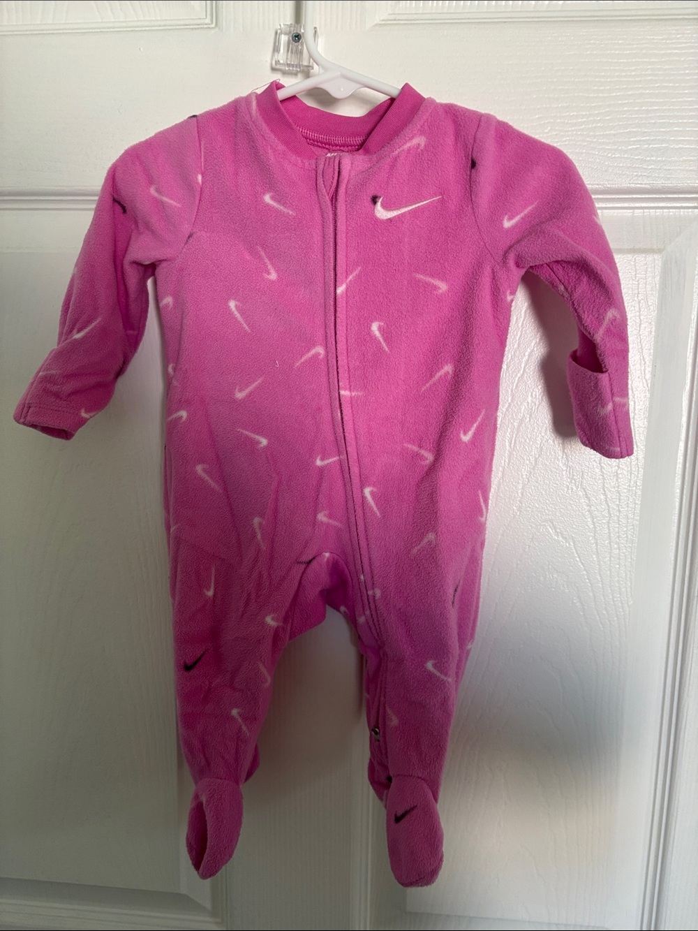 Nike Pink Fleece Footed Baby One-Piece with Swoosh Print